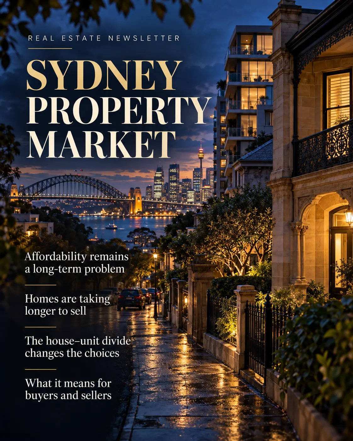 Sydney property market topics over a twilight view of a Sydney residential street, apartment buildings and the Harbour Bridge. rodney mcloughlin. akora real estate