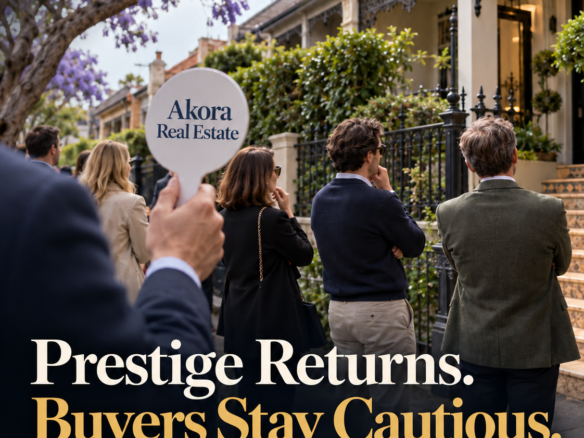Sydney property auction beneath jacarandas, with buyers outside terrace homes accompanying Rodney McLoughlin’s newsletter on returning prestige sales and cautious buyers.