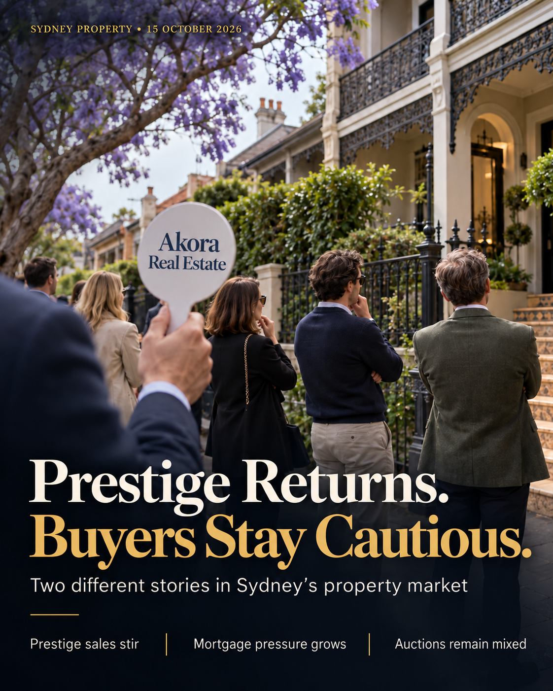 Sydney property auction beneath jacarandas, with buyers outside terrace homes accompanying Rodney McLoughlin’s newsletter on returning prestige sales and cautious buyers.