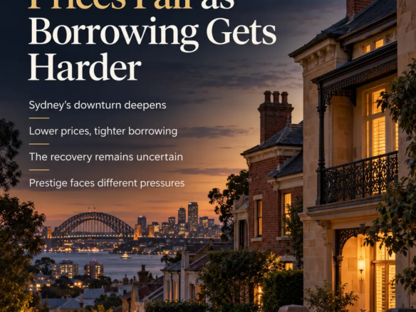 Sydney Property Prices Fall as Borrowing Gets Harder”, illustrating Rodney McLoughlin’s weekly newsletter. akora real estate