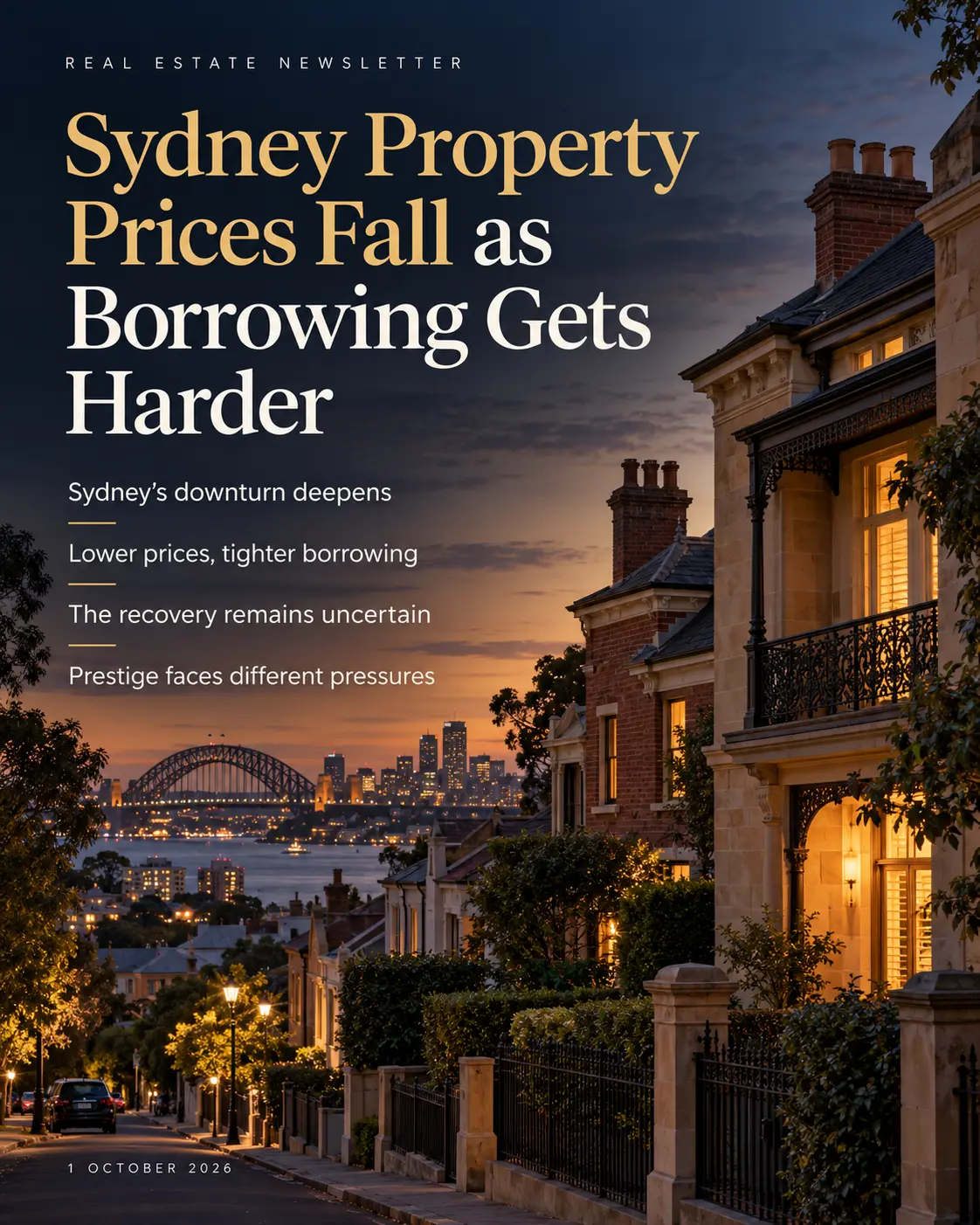 Sydney Property Prices Fall as Borrowing Gets Harder”, illustrating Rodney McLoughlin’s weekly newsletter. akora real estate