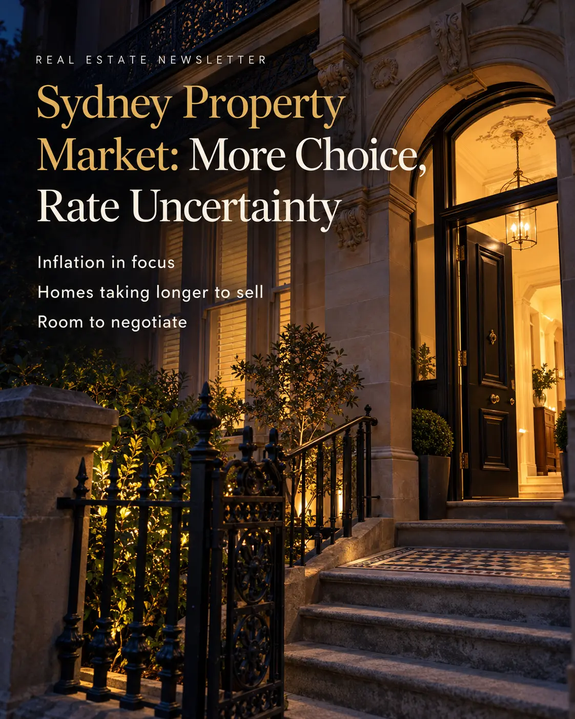 Sydney sandstone terrace entrance with warm lighting and newsletter headlines, illustrating Rodney McLoughlin’s Sydney property market update. akora real estate