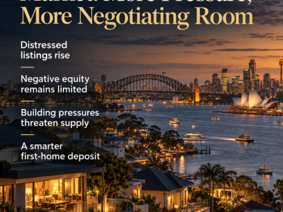 Sydney homes overlooking the harbour at dusk, with property-market headlines for Rodney McLoughlin’s weekly real estate newsletter. akora real estate
