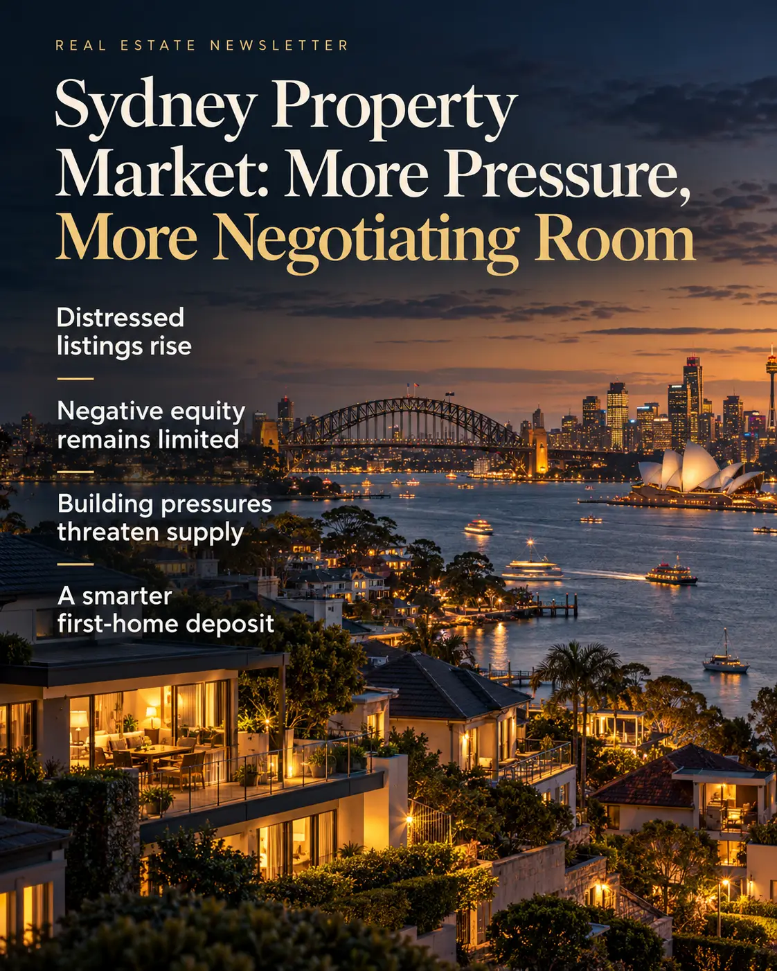 Sydney homes overlooking the harbour at dusk, with property-market headlines for Rodney McLoughlin’s weekly real estate newsletter. akora real estate